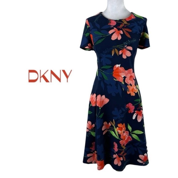 DKNY Navy and Coral Floral Midi Dress - Picture 1 of 4